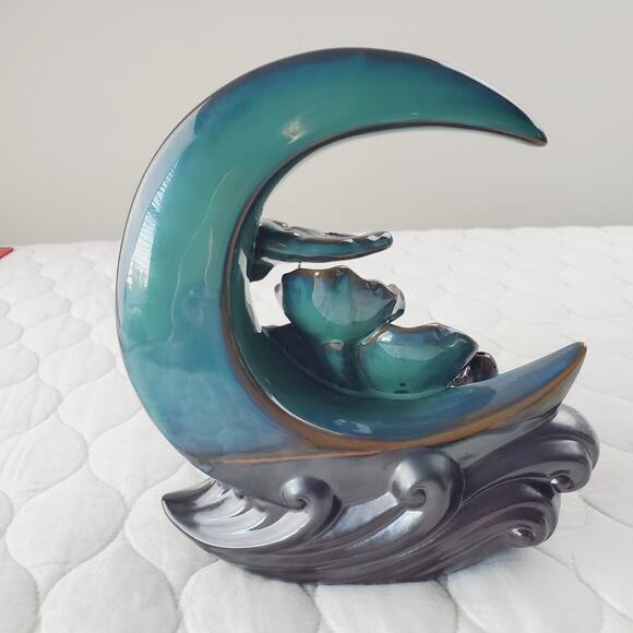 Ceramic Backflow Incense Burner Crescent Moon Lotus Waterfall Koi Fish Blue - Picture 4 of 7